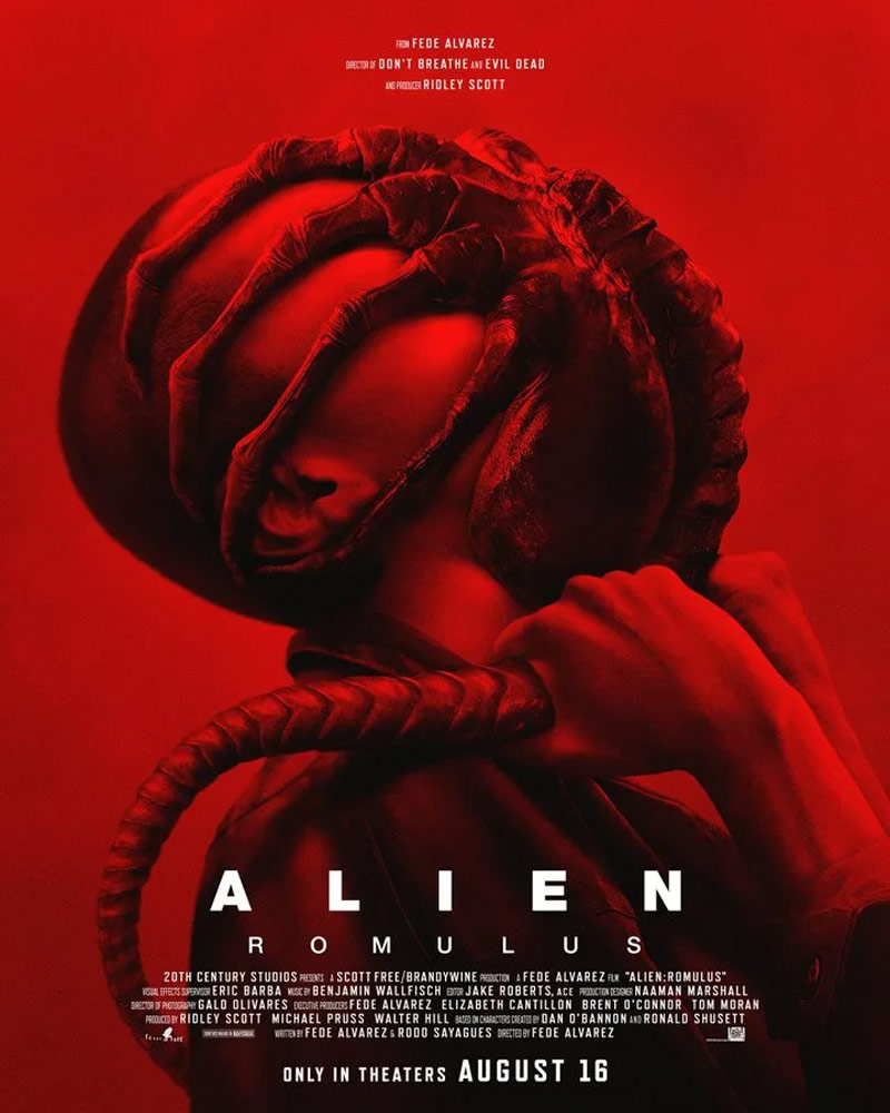 Movie poster for Alien: Romulus. The poster has a red background and depicts an alien creature attached to a person's face.