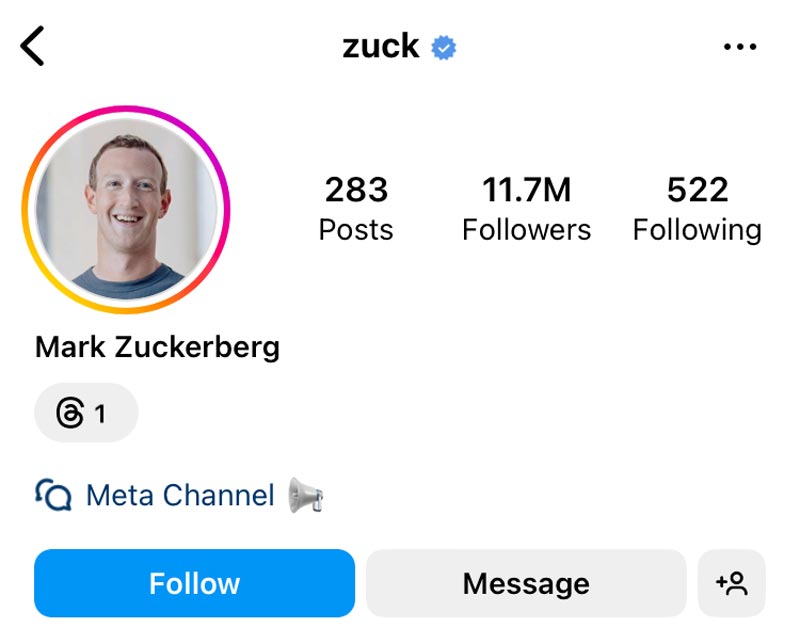 Mark Zuckerberg's Instagram profile displaying his Threads badge