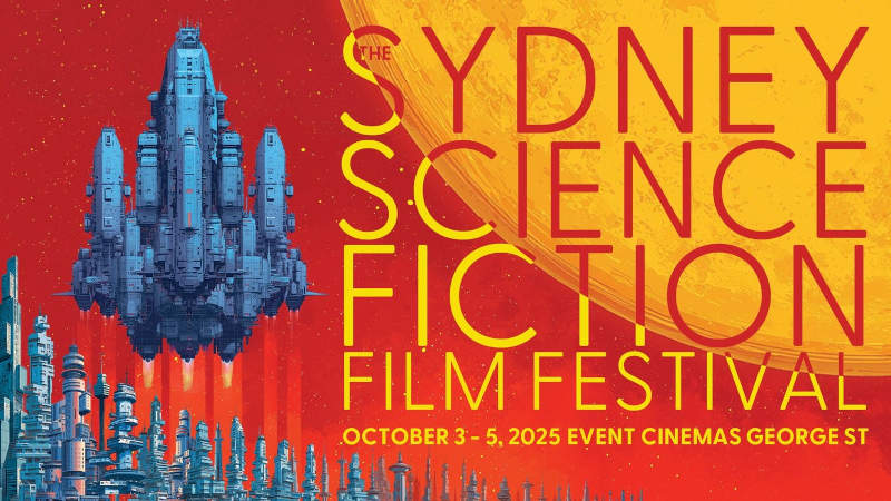 A large blue spacecraft hovers above a futuristic cityscape of Sydney, Australia, with tall buildings and structures. The background features a large, bright yellow sphere, possibly the Moon, with a gradient sky transitioning from orange to red.