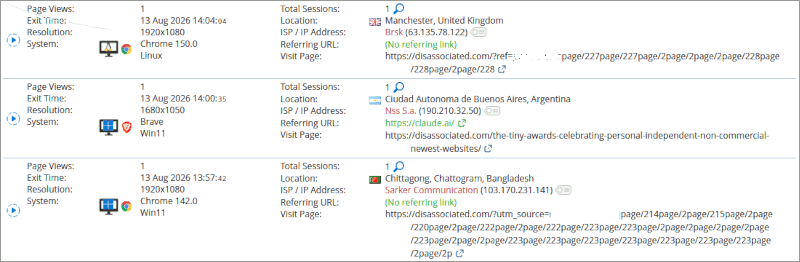 Screenshot of disassociated.com web analytics app, showing two examples of bogus tracking tags referred to in this article.